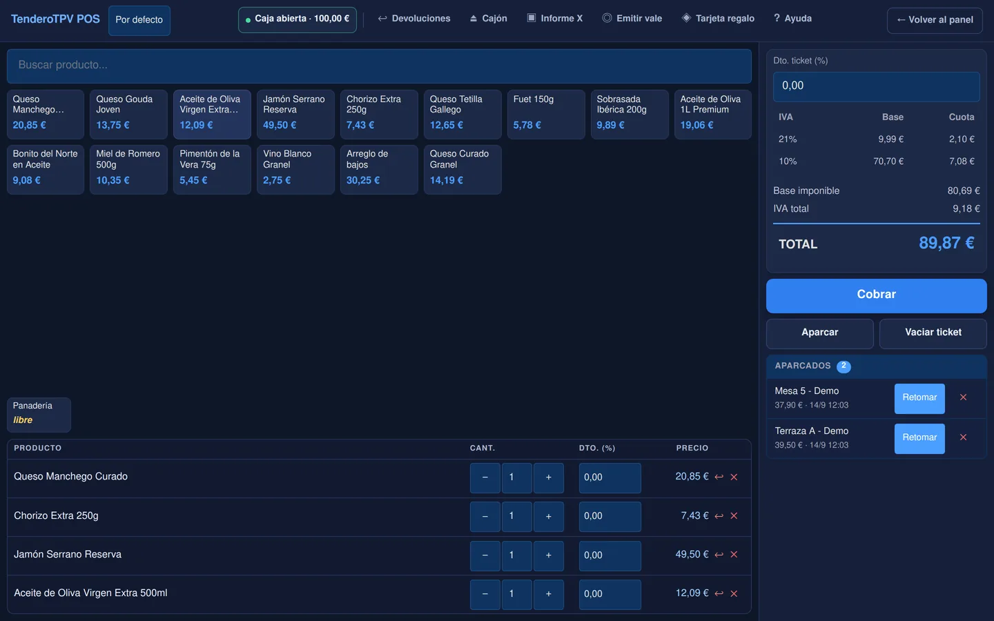 TPV táctil de TenderoTPV con cuatro artículos en el ticket y el total al momento